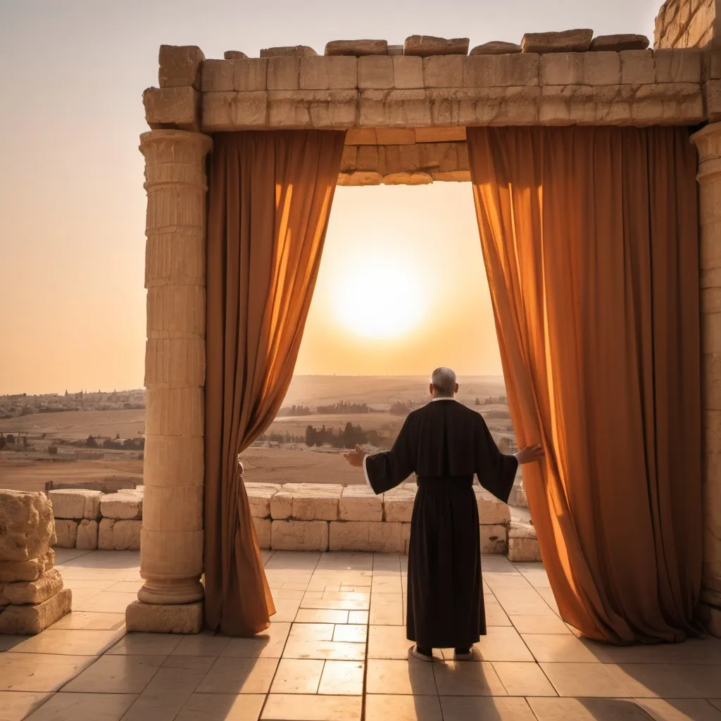 Prompt: An ancient temple in israel at sunset with a priest standing in the temple with clothes and curtain blowing in the wind.