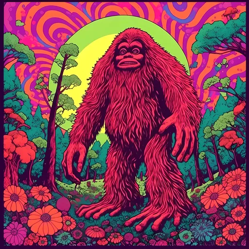 Prompt: <mymodel>Trippy, psychedelic, poster art, illustration,A anime about a futuristic Sasquatch, hanging out in the forest, planting a garden,