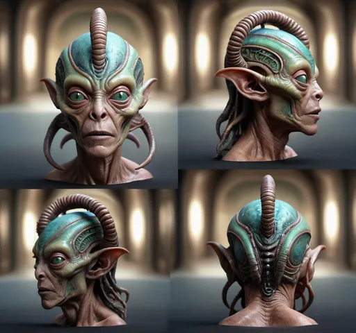 Prompt: 4 images) alien with horns, intricate head details, diverse angles of view, (fantasy art), colorful and surreal palette, (Weta Digital) quality, ultra-detailed textures, captivating alien features, expression reflecting curiosity, imaginative background, vibrant lighting, immersive 3D render, sci-fi atmosphere, high-quality presentation, dynamic composition.