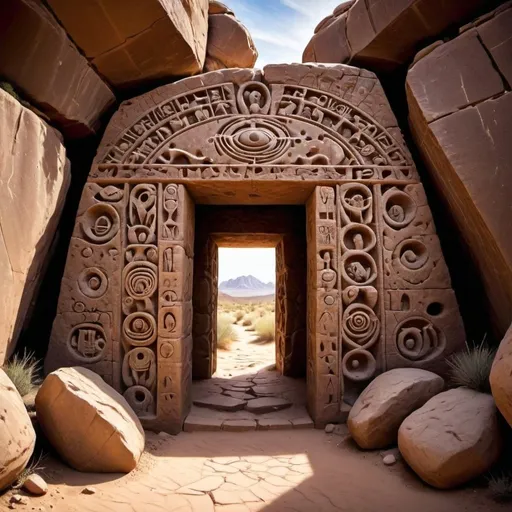 Prompt: In the heart of the arid desert, ancient petroglyphs adorn weathered stone walls. These intricate carvings depict both earthly and otherworldly beings—strange creatures intertwined with symbols representing constellations, planets, and the sun. At the center of this sacred site stands a mysterious stone hedge, aligned with celestial precision. Legend speaks of a cosmic portal hidden within—a gateway to distant realms. Chosen humans, bathed in starlight, are said to be lifted into space through this enigmatic passage. Nearby, an oasis thrives, surrounded by remnants of an ancient village. As the sun sets, shadows dance upon the stones, leaving us pondering the cosmic connections that bind us to the universe.