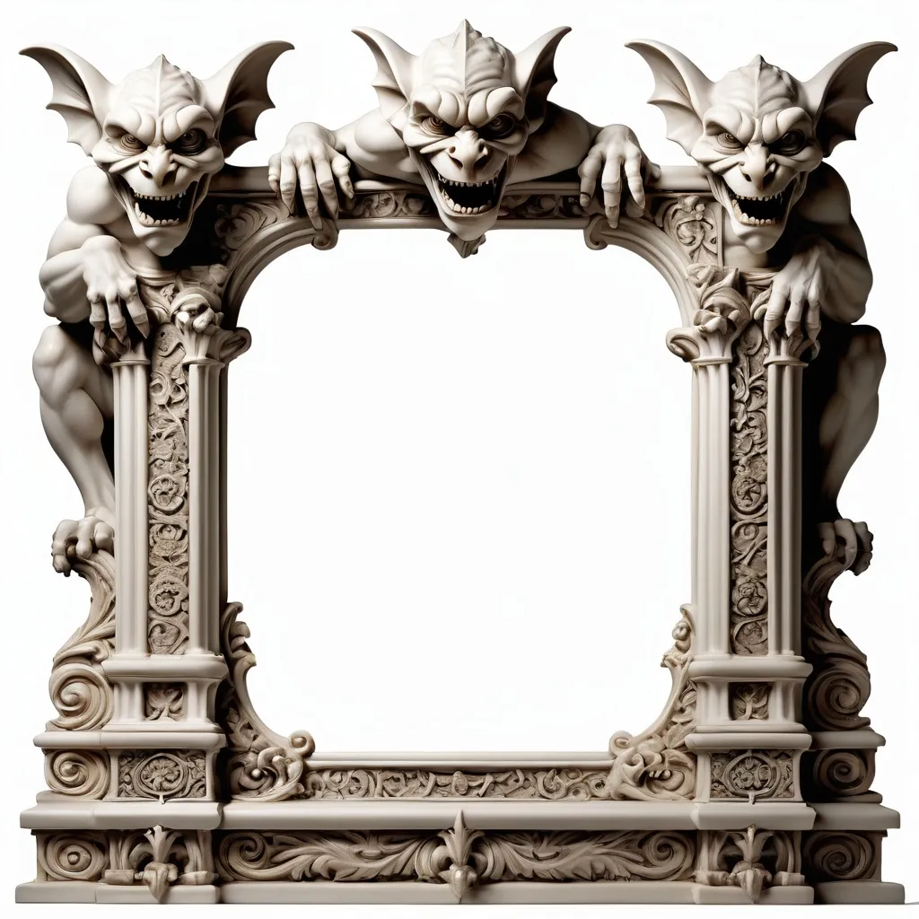 Prompt: (gargoyle )picture frame,(full-body detail), intricate Victorian design, pillar , tile,
sculpture,roman,characterized by ornate patterns and textures, set against a bright white background, soft natural lighting providing clarity, showcasing craftsmanship, emphasizing visual depth, artistic elegance, ultra-detailed, ready for a decorative piece or architectural inspiration.