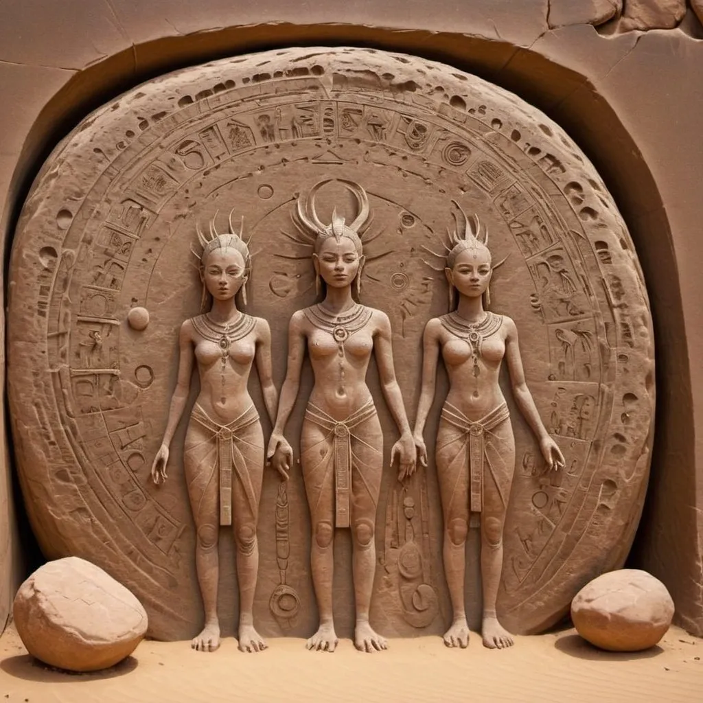Prompt:  Kaya and the Starwalkers embody the eternal human quest for understanding and belonging in the infinite universe.,In the heart of the arid desert, ancient petroglyphs adorn weathered stone walls. These intricate carvings depict both earthly and otherworldly beings—strange creatures intertwined with symbols representing constellations, planets, and the sun.