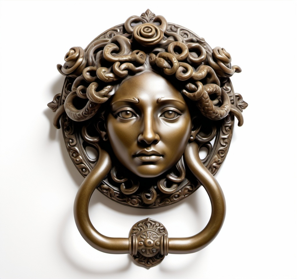 Prompt: a door knocker  bronze statue of a medusa with a head of hair and a wreath around her neck, with a white background, Ann Thetis Blacker, arts and crafts movement, symbolist, a bronze sculpture