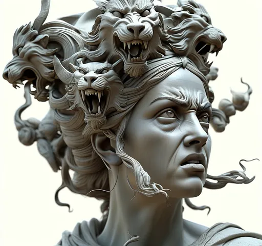 Prompt: (greek style relief), (very beautiful angry woman), bald, facial expression full of intensity, intricate detailing on facial features, monsters extending in every direction from her head, stunning craftsmanship, fine textures, dramatic shadows, classical elements in the background, ornate borders, high-quality design, ultra-detailed.