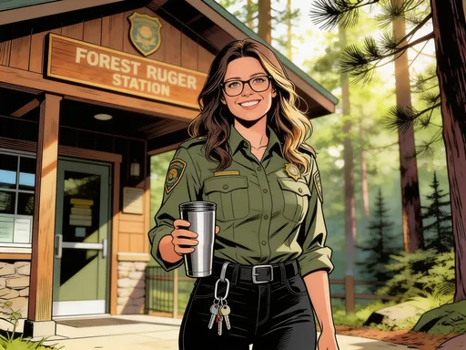 Prompt: @NOHp1OQyC6k950WbDjHC Dressed like a fashionable park ranger. Carabiner of keys on black jeans loop. Tumbler in hand. Soft blonde highlights. Make sure her face looks like it does in the two example pictures and she has her glasses. Style: Comic book. 