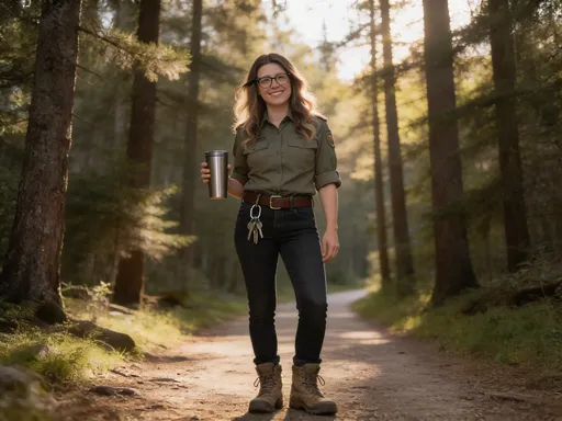 Prompt: @NOHp1OQyC6k950WbDjHC Dressed like a fashionable park ranger. Carabiner of keys on jeans loop. Tumbler in hand. Soft blonde highlights. Make sure her face looks like it does in the pictures and she has her glasses. 