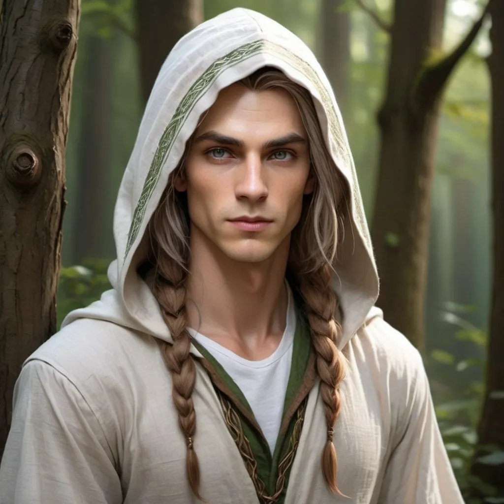 Prompt: beautiful, realistic art, androgynous elf wizard, wearing linen hooded cloth, grey eyes, hazelnut hair, tall, muscular.