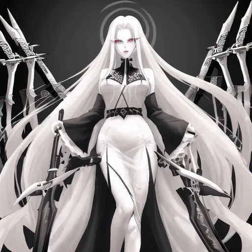 Prompt: A tall lady of pale skin color. She has white, long flowing hair. She is wearing a black and white dress with sharp edges at her feet. She has very sharp high white shoes on her feet. She has long white claws. Her eyes are red with small black pupils.  The chest is small, black lipstick on the lips and arrows at the eyes. In the background is a huge, white palace with various weapons hanging everywhere (sword, spear, rifle, etc.). The drawing should be in 2D