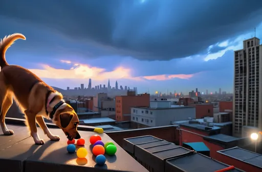 Prompt: (a dog playing with toys), dramatic scene, (owner reaching out), emotional tension, rooftop environment, cityscape in the background, unclear sky above, high-stakes moment, (intense colors), vivid contrasts, (ultra-detailed), suggest urgency and connection, sense of danger, warm light illuminating the scene, focus on expressions of fear and determination, cinematic depth.