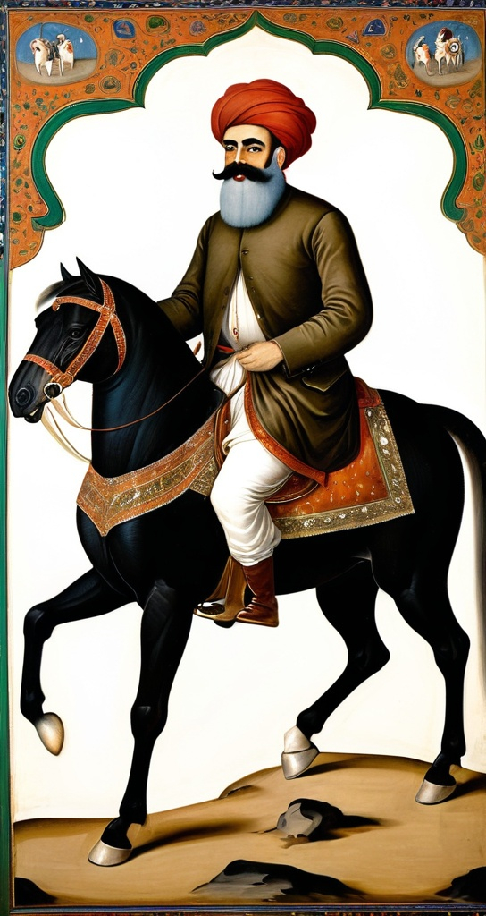 Prompt: a painting of a man riding a horse with a beard and a mustache on it's head and a white beard, Ahmed Karahisari, qajar art, detailed painting, a detailed painting