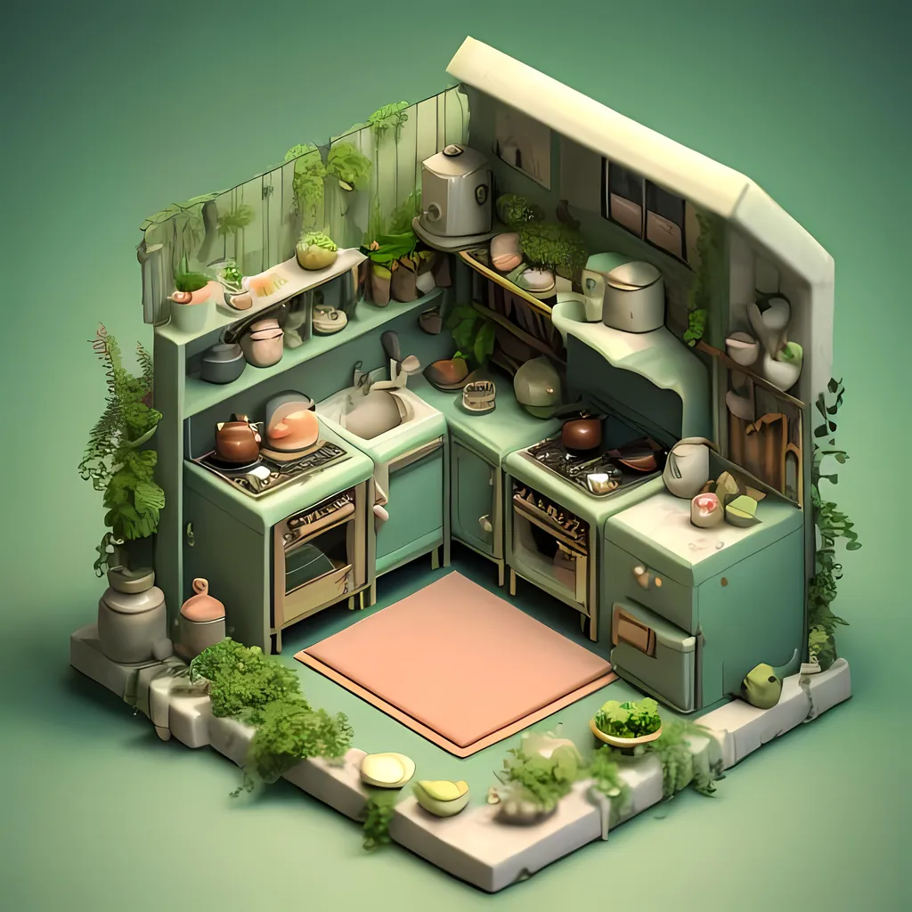 Prompt: Tiny cute isometric kitchen in a cutaway box, Overgrown and green nature, soft smooth lighting, soft colors, 100mm lens, 3d blender render