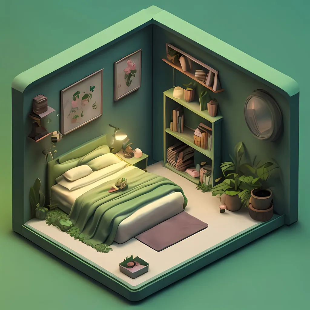 Prompt: Tiny cute isometric Bedroom in a cutaway box, Overgrown and green, soft smooth lighting, soft colors, 100mm lens, 3d blender render