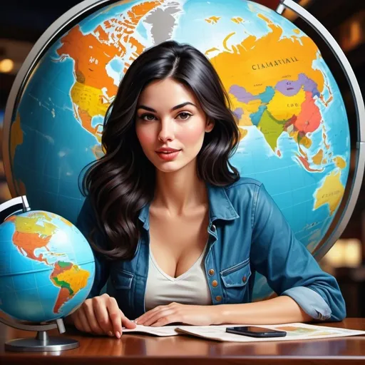 Prompt: a dark haired realistic woman looking at  the table, energetic and innovative design, global travel theme, high quality, modern style, vibrant and bold colors, detailed continents, impactful and lively design, professional, globe illustration, travel companion, best quality, energetic, innovative, modern, vibrant colors, detailed design, global theme