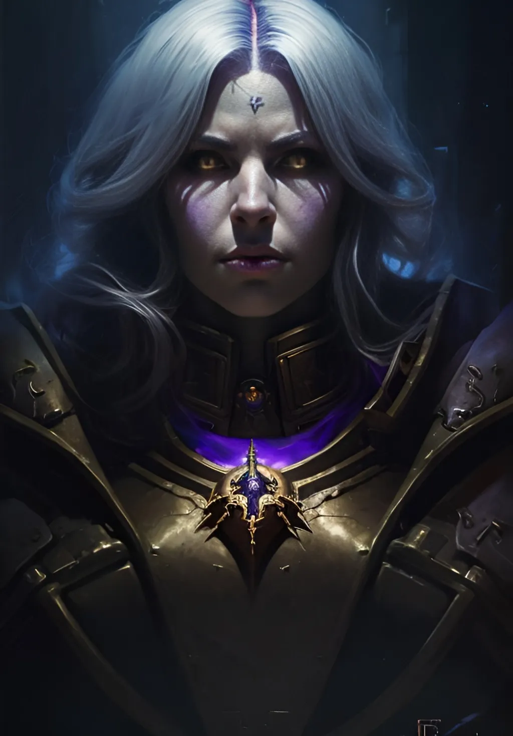 Prompt: Portrait of female Psyker. warhammer 40k setting. Shaded lighting. by Ilya Kuvshinov, Rob Rey, Giuseppe Dangelico Pino. Cinematic. Dark Lighting. Rule of Thirds. Imposing, casting, heroic, detailed, realistic, 8k, photorealistic