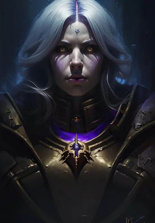 Prompt: Portrait of female Psyker. warhammer 40k setting. Shaded lighting. by Ilya Kuvshinov, Rob Rey, Giuseppe Dangelico Pino. Cinematic. Dark Lighting. Rule of Thirds. Imposing, casting, heroic, detailed, realistic, 8k, photorealistic