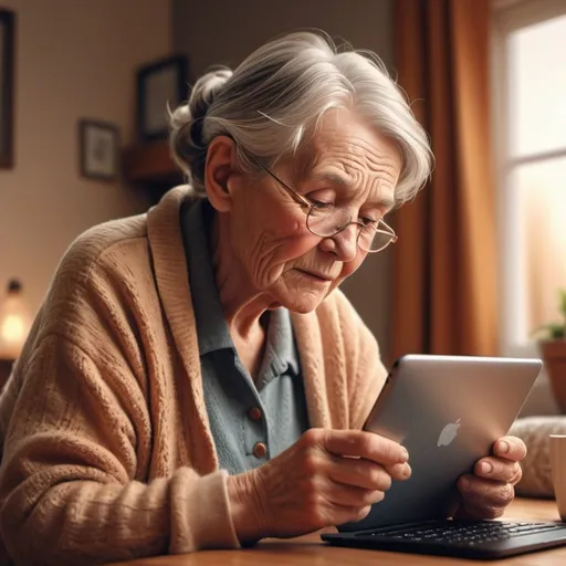 Prompt: Realistic illustration of an elderly person using modern technology, warm and nostalgic color palette, cozy home setting, detailed wrinkles and facial features, realistic lighting, 4k, ultra-detailed, realism, warm tones, technology, elderly, detailed wrinkles, modern, cozy home, nostalgic atmosphere