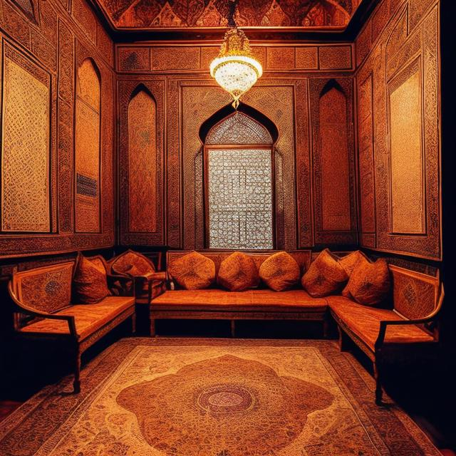 Prompt: Old Arabic room with intricate mosaic patterns, vintage furniture, warm lighting, ornate details, high quality, traditional art, warm tones, detailed carvings, vintage decor, cultural heritage, cozy atmosphere