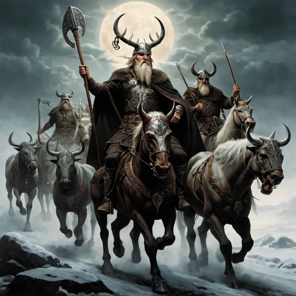 Prompt: Pagan album art depicting the wild hunt led by Odin