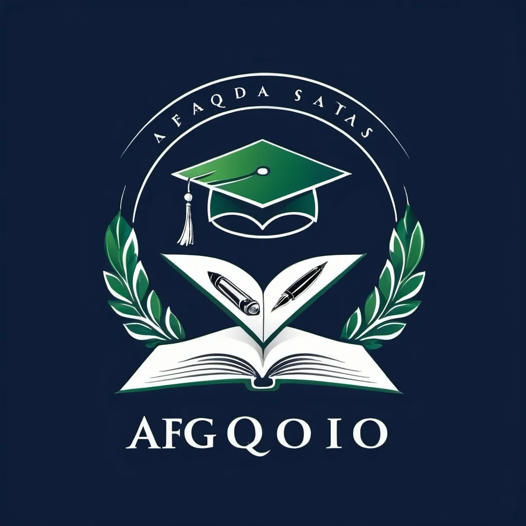 Prompt: Create a logo for a school called Afaq based on the following elements:
Dark blue
Green
White
And contains symbols or visual elements such as:
Distant horizon
Open book
Pen
Graduation cap