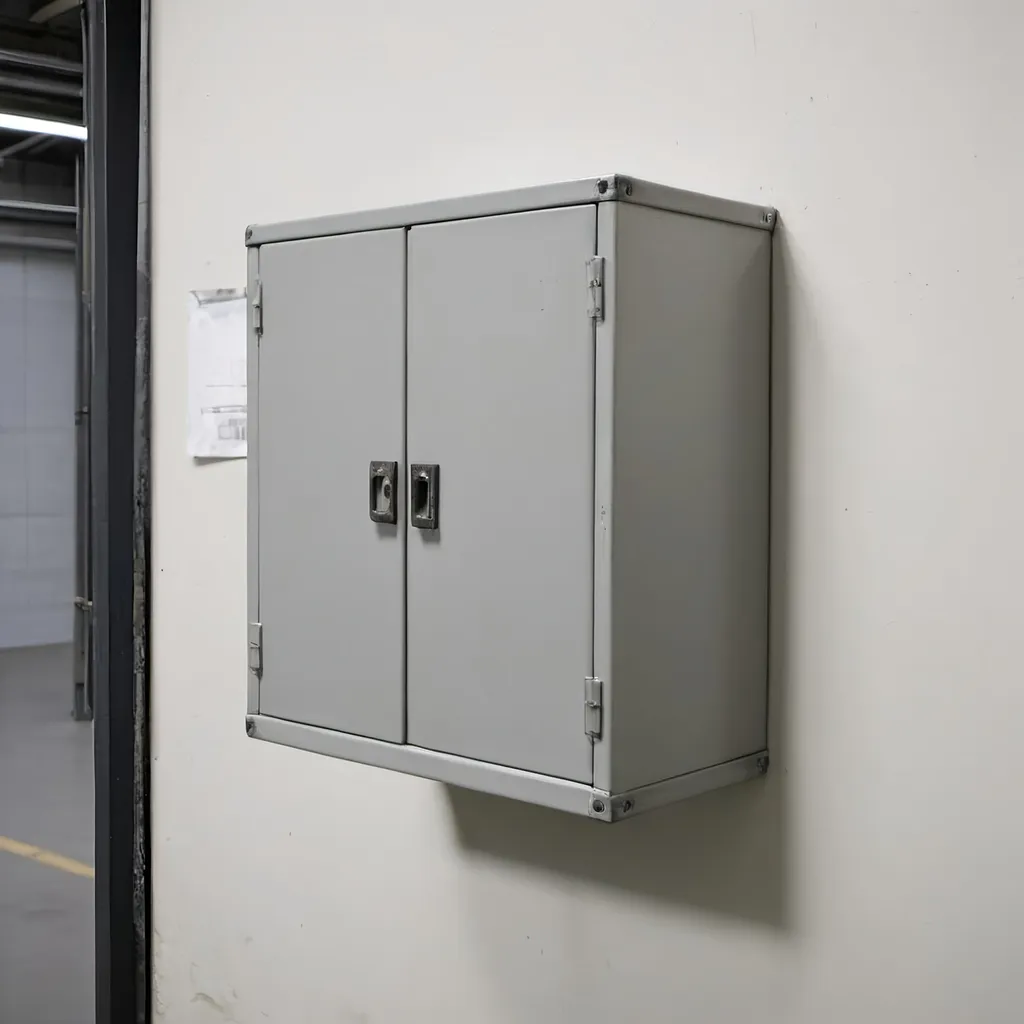 Prompt: A small square light grey metal cabinet hanging on a wall in a production hall