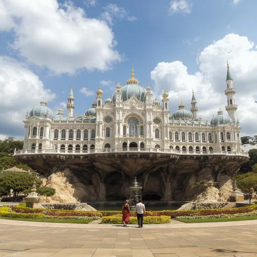 Prompt: Make image of a very beautiful baroque palace that is standing on a 50 ft high platform and is 800 mtr long from front view,and about 150 ft high,and some domes and minarets that are higher!