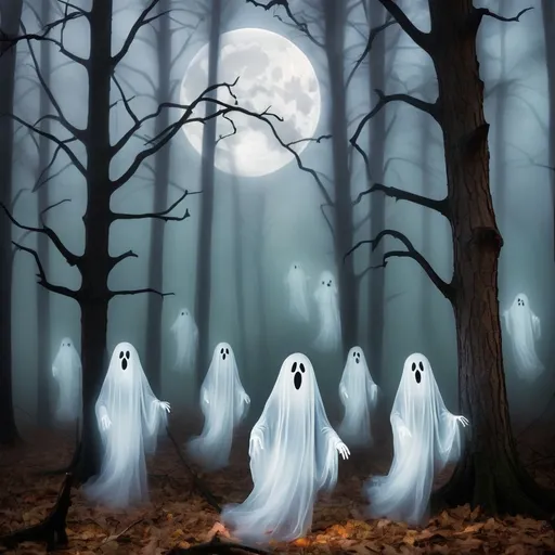 Prompt: Ghosts in the Forest: Paint a few translucent ghosts floating among tall, spooky trees. Add a full moon and fog for a haunting atmosphere.