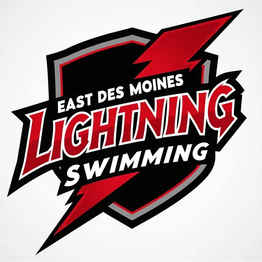 Prompt: Dynamic swim team logo, red and black colors, energetic design, sleek modern style, powerful typography, shield or crest shape, showcases strength and teamwork, attractive and memorable, appealing to sports enthusiasts, high resolution, sharp details, visually striking background suitable for branding or merchandise. Use of a lightning bolt. Team name is East Des Moines Lightning Swimming