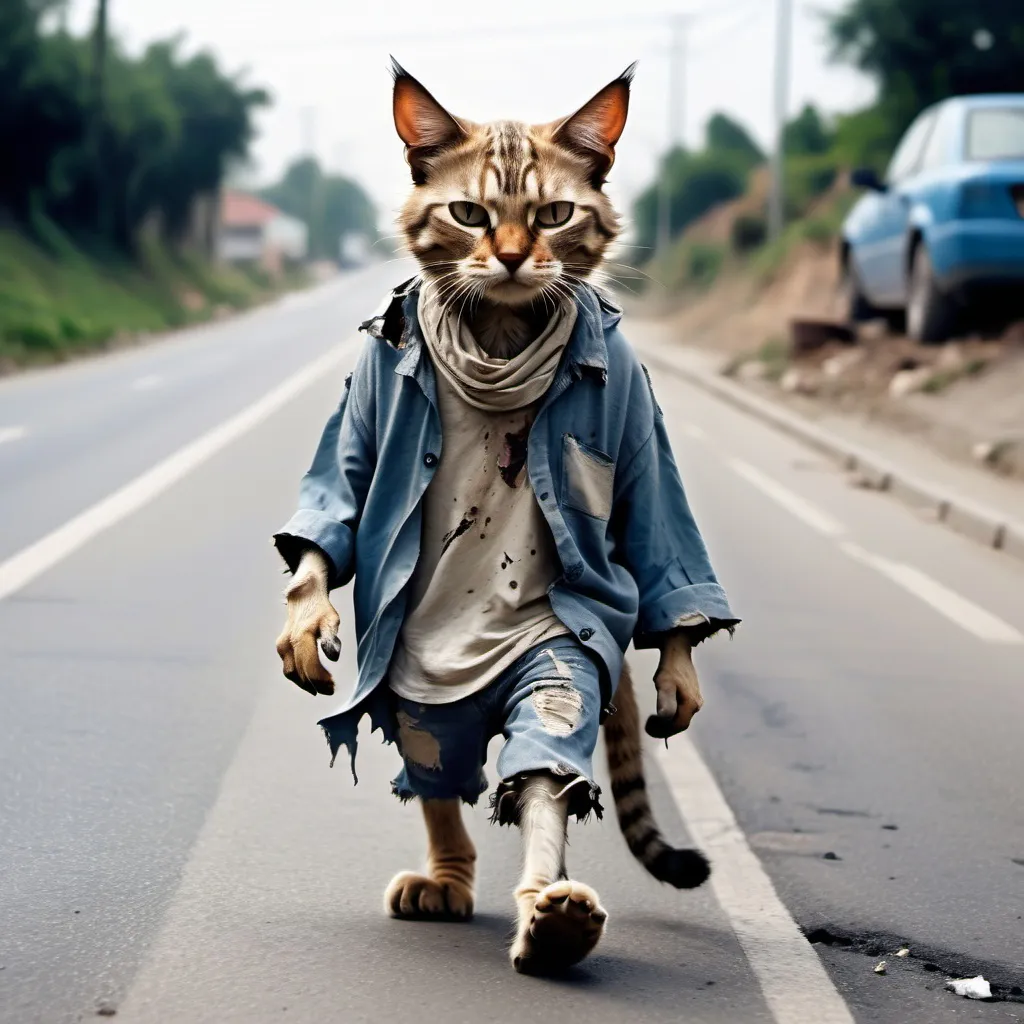 Prompt: Humanoid Cat with torn clothes walking in a road side looking poor