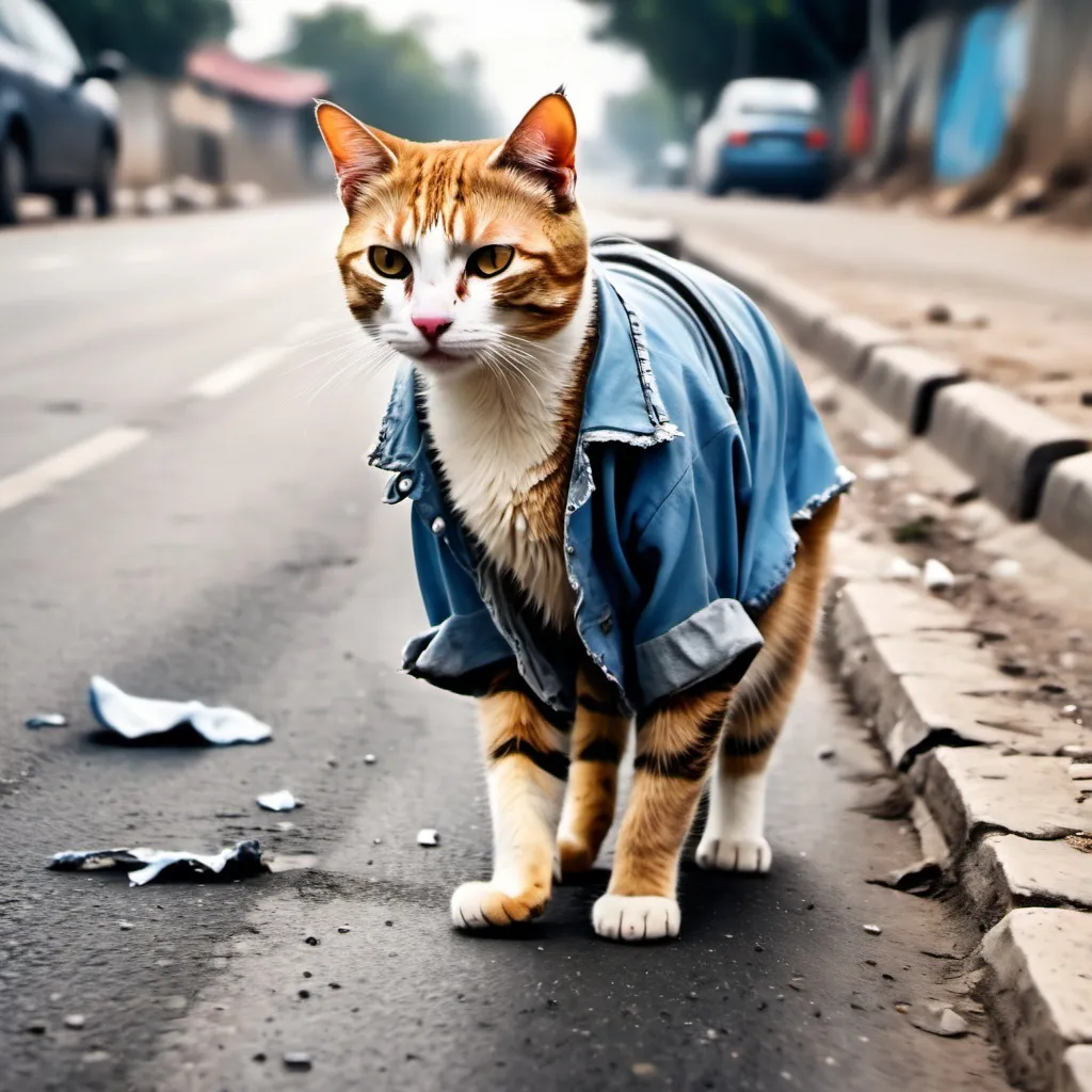 Prompt: Cat with torn clothes walking in a road side looking poor