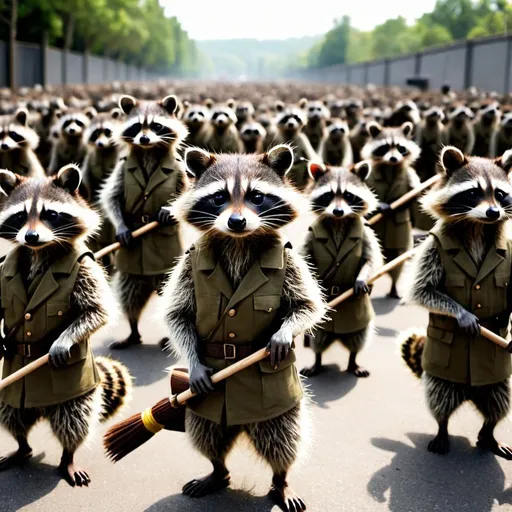 Prompt: an army of raccoon with a broom ready to go to war