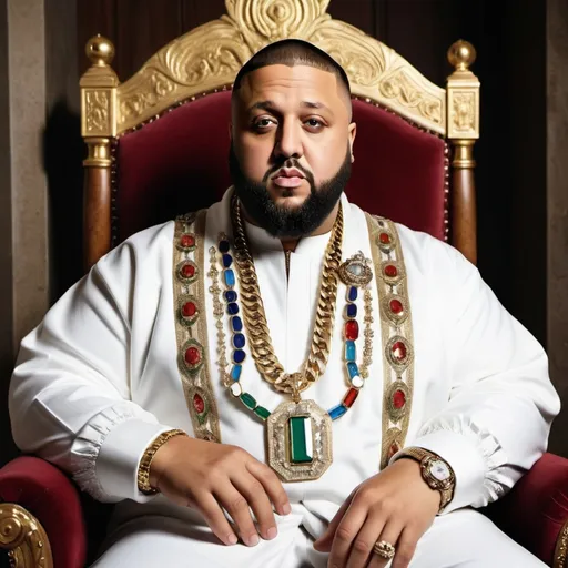 Prompt: Picture DJ Khaled draped in opulent Bulgarian royal robes, adorned with jewels, his signature beard groomed to perfection. With an air of regal confidence, he commands the attention of his court, speaking in booming tones about the importance of unity, prosperity, and spreading blessings across the kingdom. His palace echoes with the sounds of traditional Bulgarian music fused with modern beats, symbolizing his ability to blend tradition with innovation. DJ Khaled, the Bulgarian czar, is not just a ruler but a visionary, leading his people towards a future filled with success and abundance.