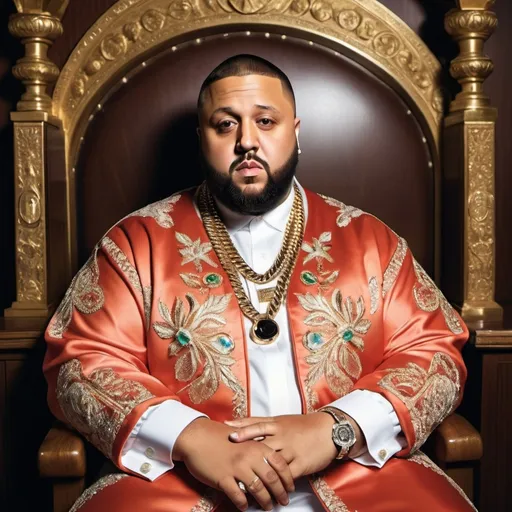 Prompt: Picture DJ Khaled draped in opulent Bulgarian royal robes, adorned with jewels, his signature beard groomed to perfection. With an air of regal confidence, he commands the attention of his court, speaking in booming tones about the importance of unity, prosperity, and spreading blessings across the kingdom. His palace echoes with the sounds of traditional Bulgarian music fused with modern beats, symbolizing his ability to blend tradition with innovation. DJ Khaled, the Bulgarian czar, is not just a ruler but a visionary, leading his people towards a future filled with success and abundance.