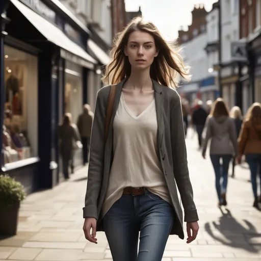 Prompt: Tall young woman walking down the high street, detailed clothing, realistic, natural lighting