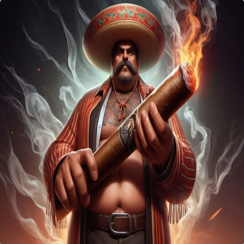 Prompt: a man with a cigar and a hat holding a cigar in his hand and a flame in his other hand, Alejandro Burdisio, lowbrow, league of legends concept art, a character portrait