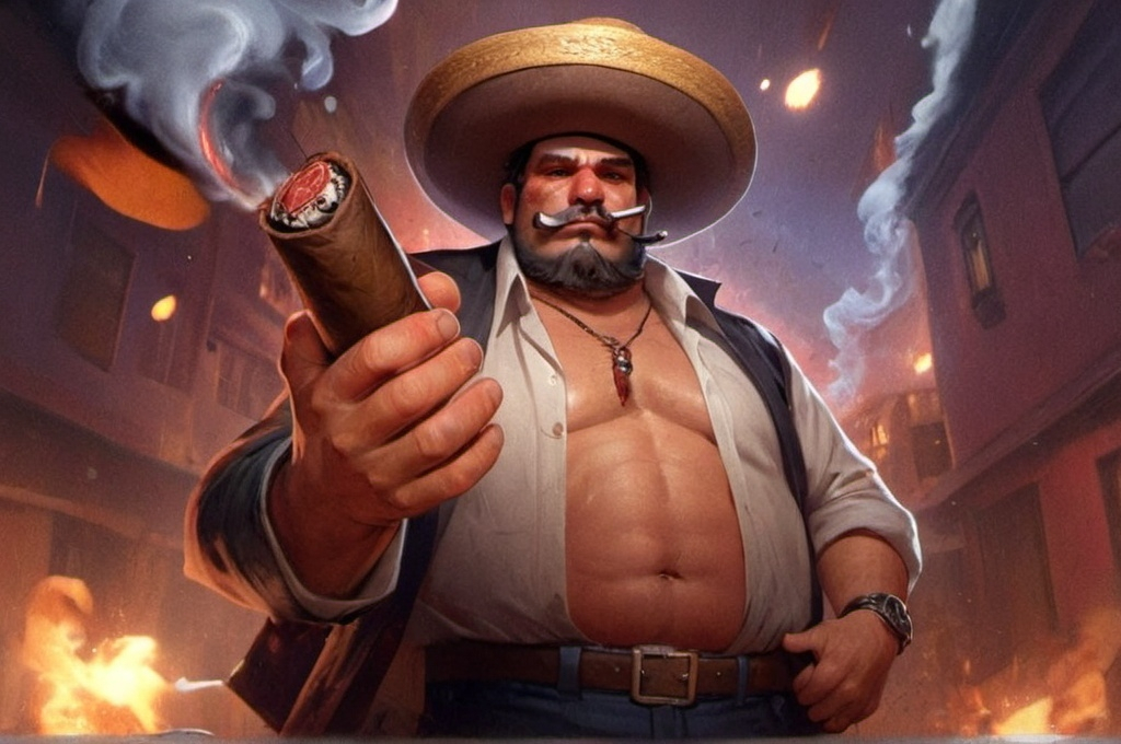 Prompt: a man with a cigar and a hat holding a cigar in his hand and a cigar in his other hand, Alejandro Burdisio, lowbrow, league of legends concept art, a character portrait