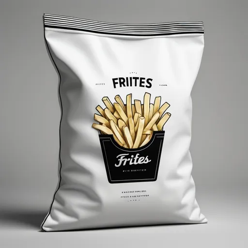 Prompt: Black and white, detailed illustration of a frozen bag of frites, prominently displaying the word "Golden" elegantly centered, with "Golden Food Distribution" gracefully at the bottom. Emphasize the 1kg weight on the side, alongside an address line featuring "Benghazi El-Hawari, El-Wadi Street." Capture attention with clean lines and smooth textures, providing a crisp, professional look that highlights the branding for effective marketing appeal.all the written In English language 