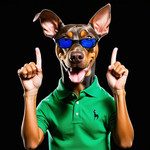 Prompt: A Dober-dog, wearing a green polo shirt, smiling and gesturing with his hands against a black background