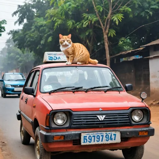 Prompt: A cat sitting on maruti 800 car