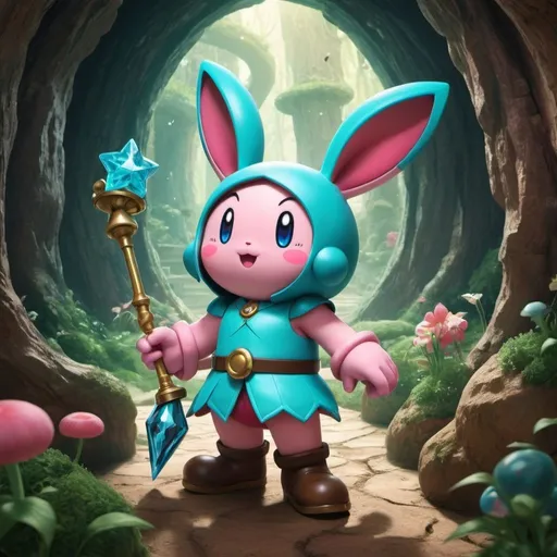 Prompt: In a vibrant digital realm known as "Rabbit Hole," Kirby finds himself on a whimsical adventure unlike any other. Dressed in a striking ensemble reminiscent of Hatsune Miku, complete with a flowing aquamarine skirt and twin-tailed cyan hair adorned with ribbons, Kirby embarks on a quest through the labyrinthine depths of Rabbit Hole. With a mischievous grin and determined eyes, Kirby wields a scepter adorned with a miniature star at its tip, ready to confront the enigmatic challenges that lie ahead. As Kirby traverses through the surreal landscapes of Rabbit Hole, encountering cryptic puzzles and eccentric characters, the line between reality and illusion begins to blur. Will Kirby unravel the secrets of this mysterious realm, or will the depths of the Rabbit Hole consume even the most valiant of adventurers?
