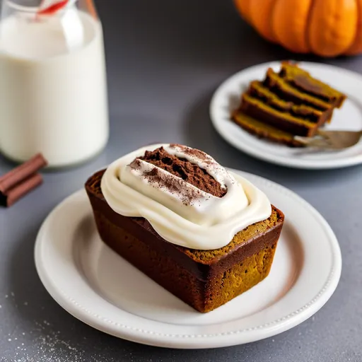 Prompt: Super Mini pumpkin loaf with cream frosting with cocoa powder on top