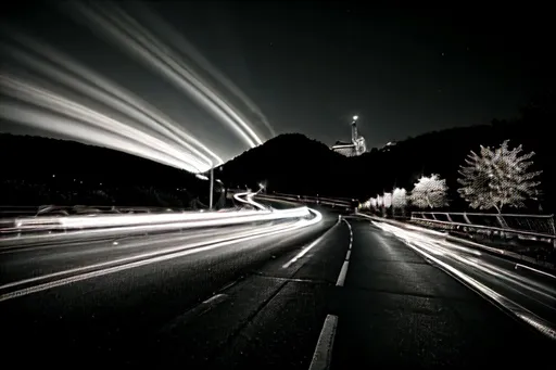 Prompt: Landscape, wide angle, monochrome
Long-exposure night photography of traffic, with light trails
