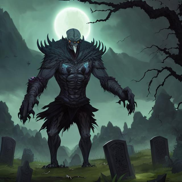 Prompt: A monster elf with a huge body, towering over trees, walking in the mountains. The sky was dark, and many crows were flying around. In the distance, there were several graves, and vultures were falling on tombstones.