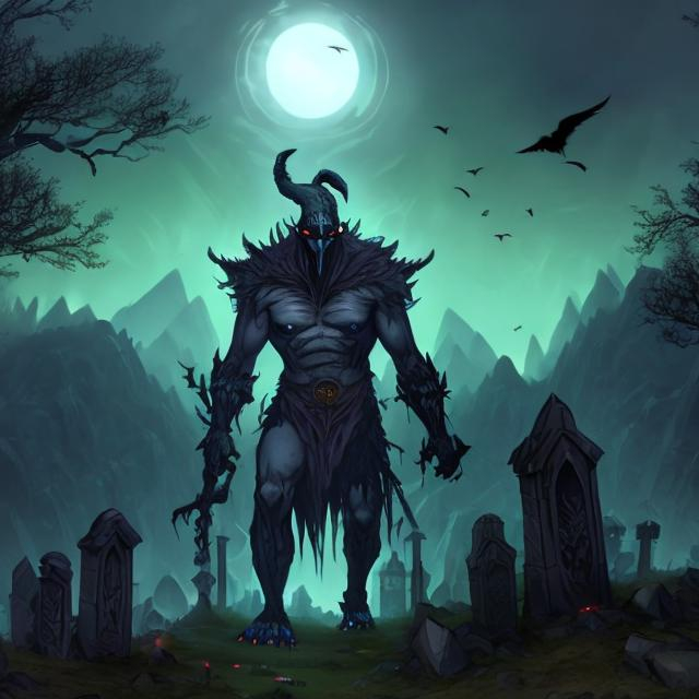 Prompt: A monster elf with a huge body, towering over trees, walking in the mountains. The sky was dark, and many crows were flying around. In the distance, there were several graves, and vultures were falling on tombstones.