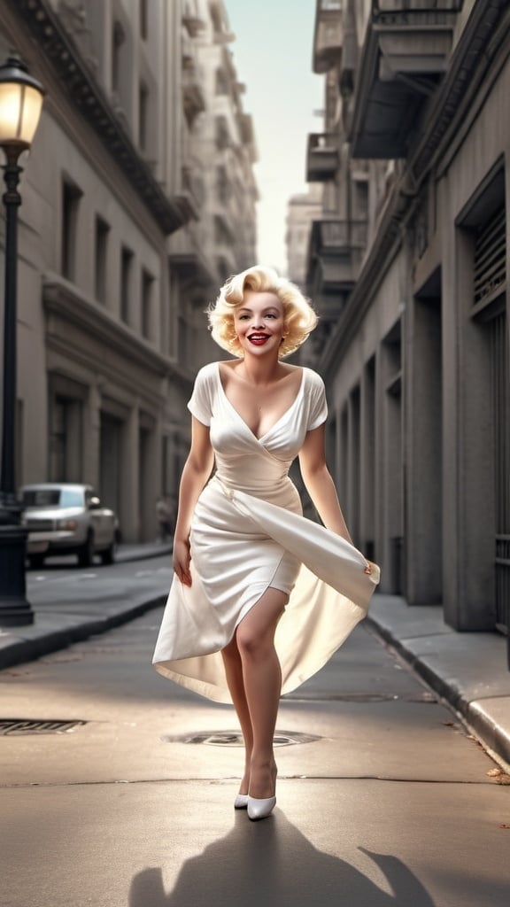 Prompt: Hyper-realistic fantasy image of a monkey, walking in a white dress, Marilyn Monroe pause style, retro city setting, fine details, fictive, smiling, walking over an air vent, 8k, best quality, hyper-realistic, fantasy, retro, white dress, monkey, city setting, fine details, smiling, Marilyn Monroe style, air vent, walking
