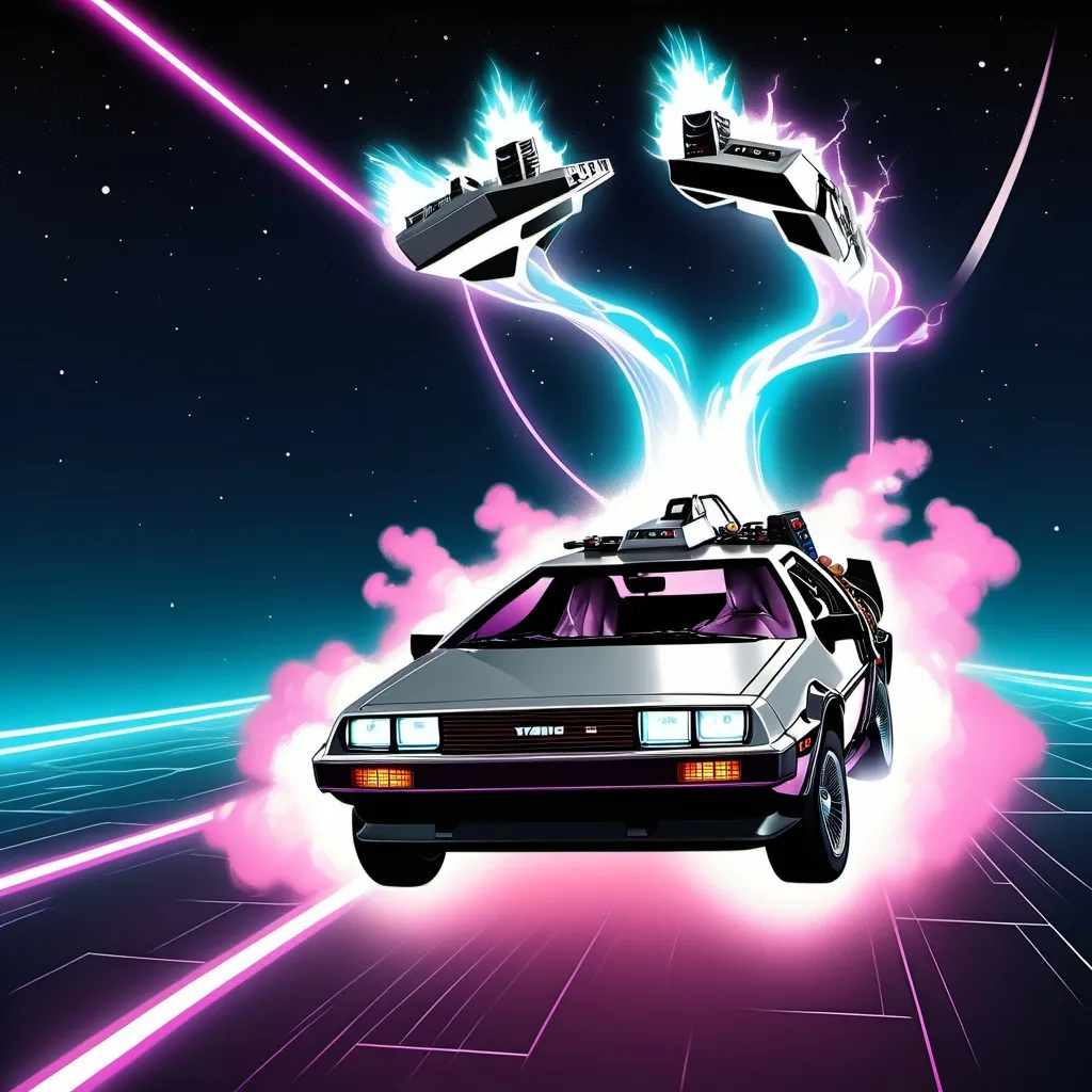 Prompt: Back to the future delorean flying space synth wave digital art