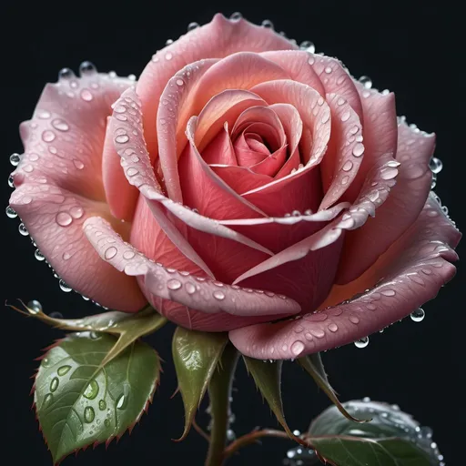 Prompt: A hyper realistic image of a rose with morning dew on its petals