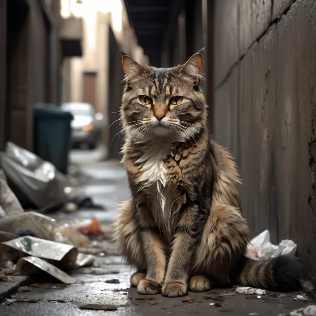 Prompt: (sad expression) Poor cat, (scruffy fur) unkempt appearance, (lonely) sitting in a dimly lit alley, (gritty background) scattered trash and worn surfaces, (muted colors) gray and brown tones, (pensive) lost in thought, (highly detailed) capturing every detail of expressions and surroundings, (4K) ultra-detailed, (dramatic lighting) highlighting the plight.