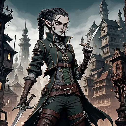 Prompt: 2d dark j horror anime style, female elf rogue with braided dark hair and grey eyes reaching for her dagger in front of a steampunk city background