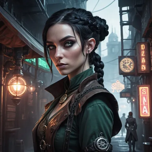 Prompt: A female half-elf rogue with black braided hair and grey eyes sneaking through the shadows of a a steampunk city with neon advertisement signs, fantasy character art, illustration, dnd, cold tone, dangerous atmosphere