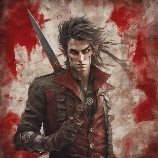 Prompt: Back haired elf rogue with grey eyes throwing a dagger, depicted in the style of a wanted poster, collage torn red highlights, steampunk backdrop, bold brushstroke, gritty texture,